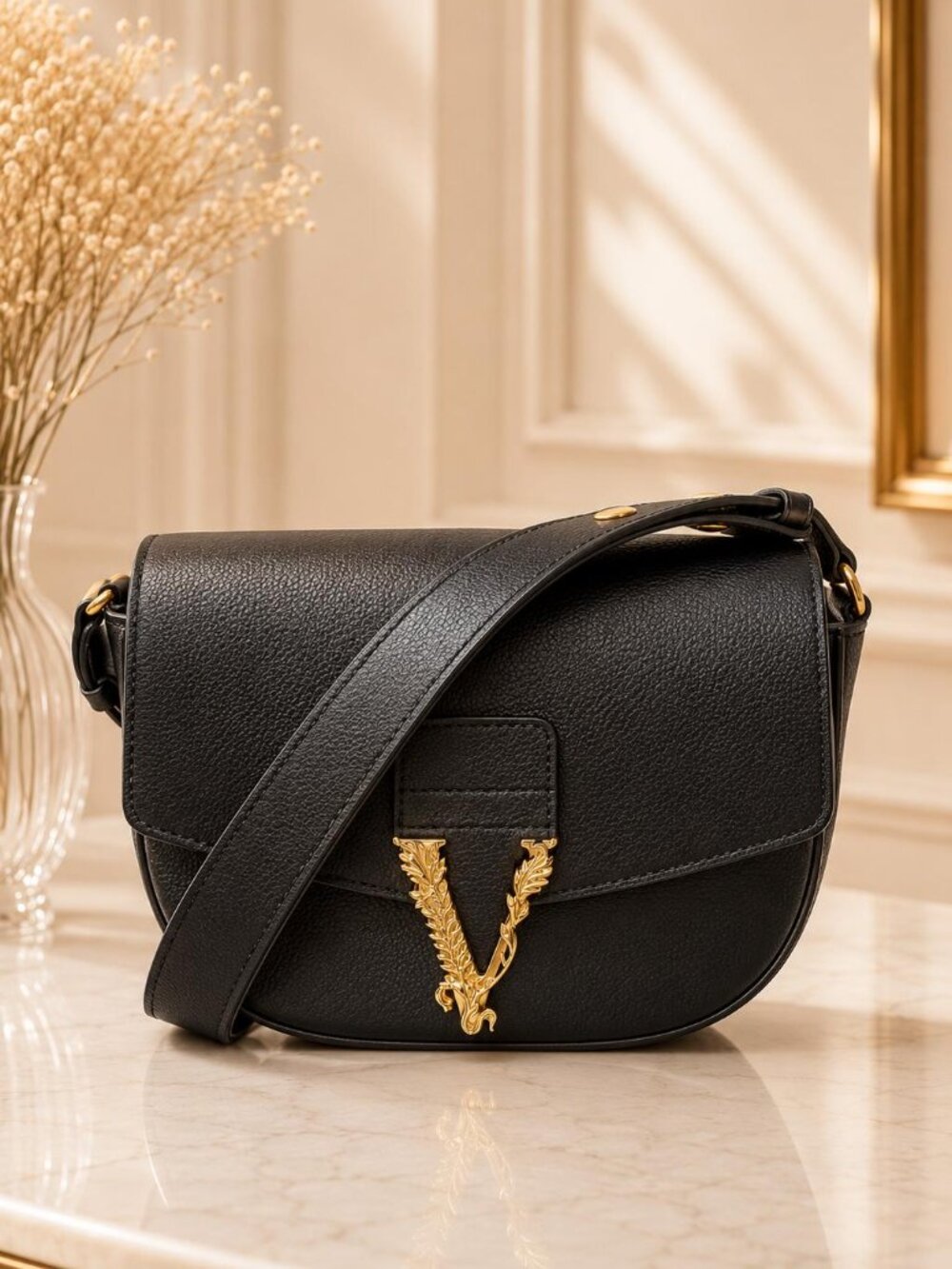 Authentic Versace Virtus Black Leather Crossbody Bag Gold V Logo Shoulder Bag